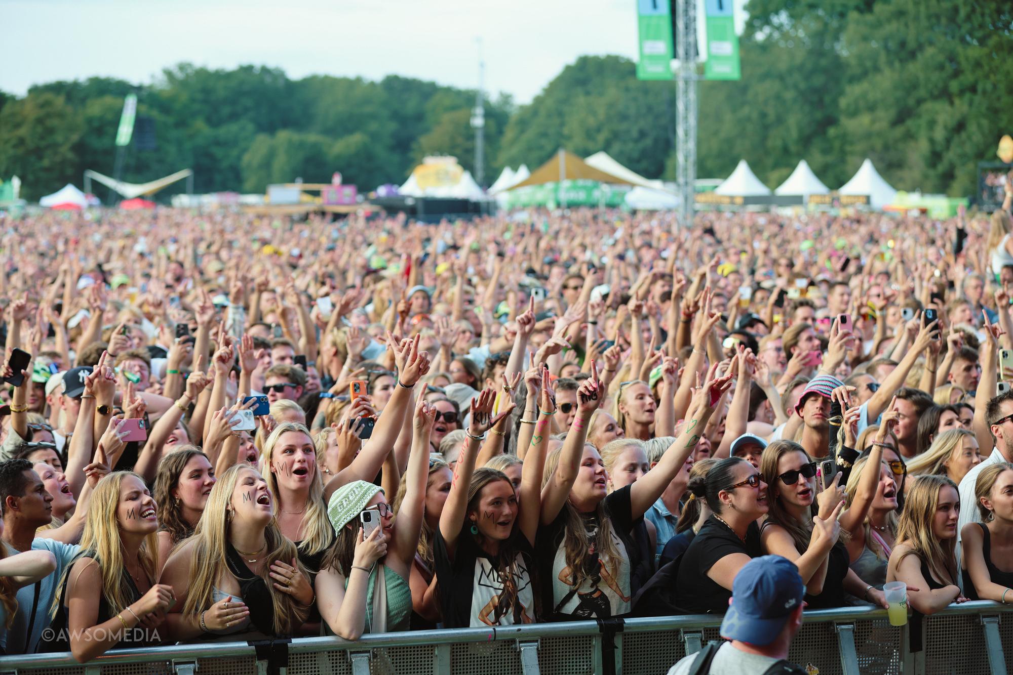 Tætpakket festivalpublikum rækker hænder i vejret mod solen