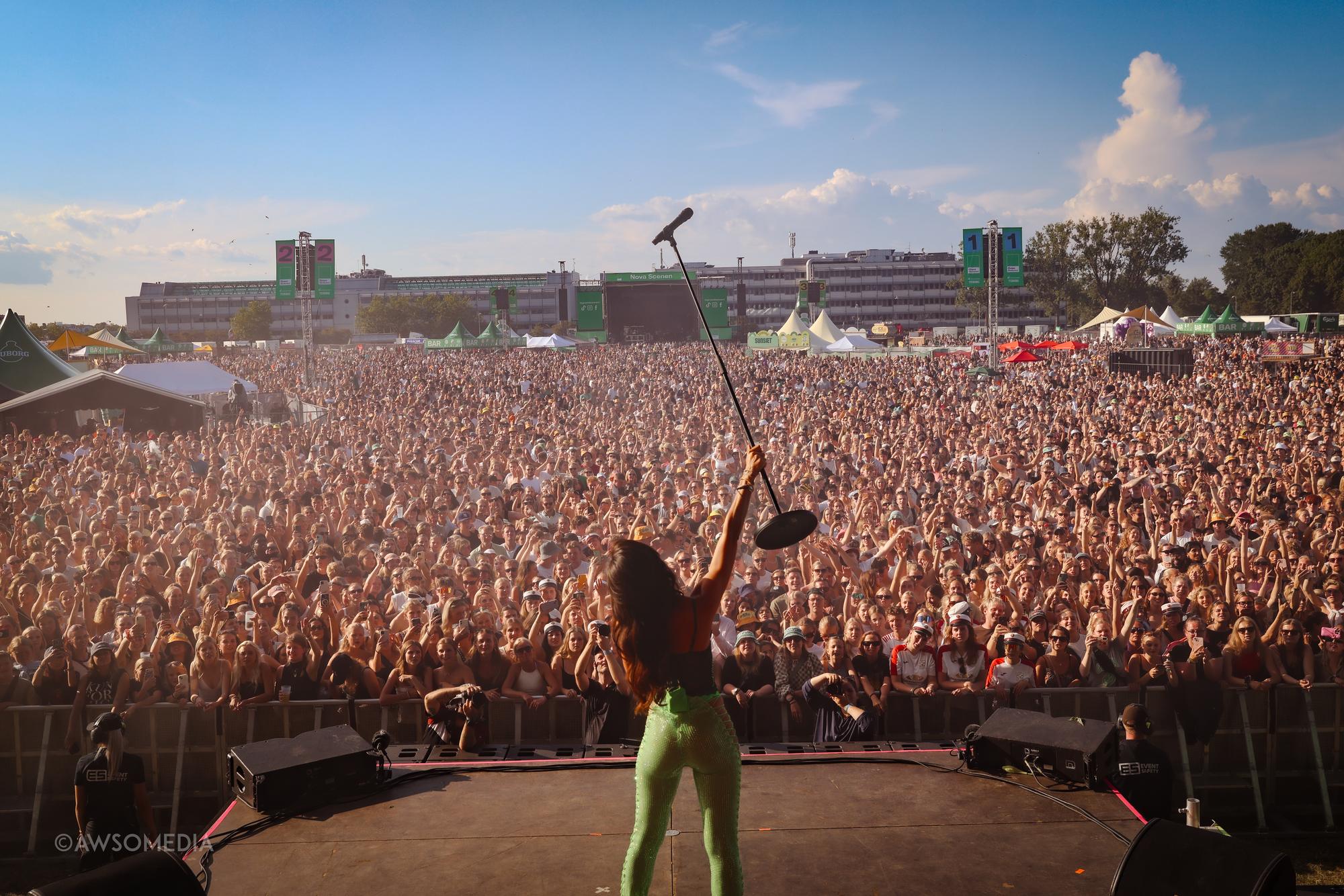 Kunstner løfter mikrofonstativ mod et enormt festivalpublikum i dagslys
